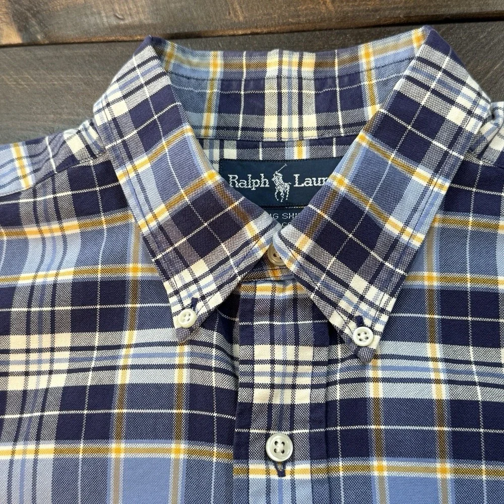 Polo Ralph‎ Lauren BIG Shirt Men Lg Blue Plaid Cotton Button Down Oxford Shirt